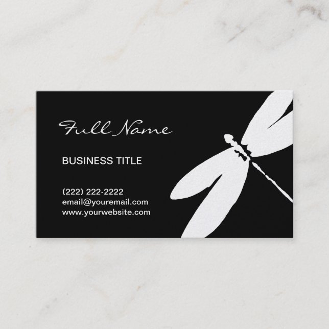 Modern Minimalist Black & White Elegant Dragonfly Business Card (Front)
