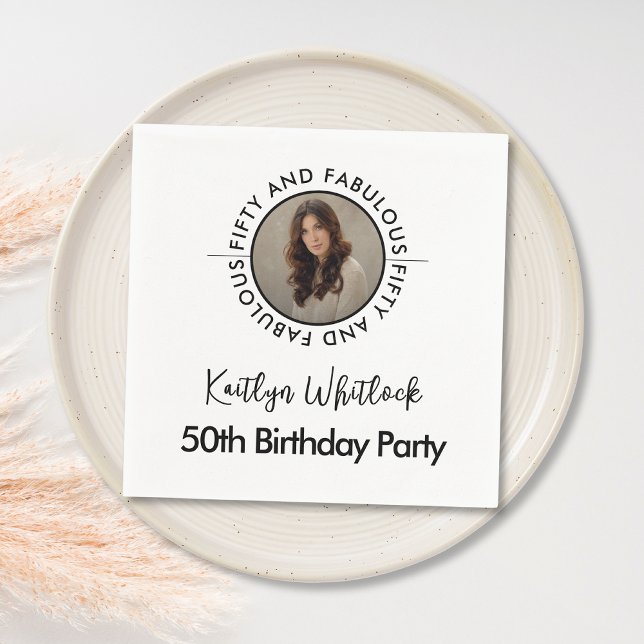 Modern Minimalist Black White Fifty and Fabulous Napkin (black and white fifty and fabulous 50th birthday party napkins modern minimalist elegant script font)