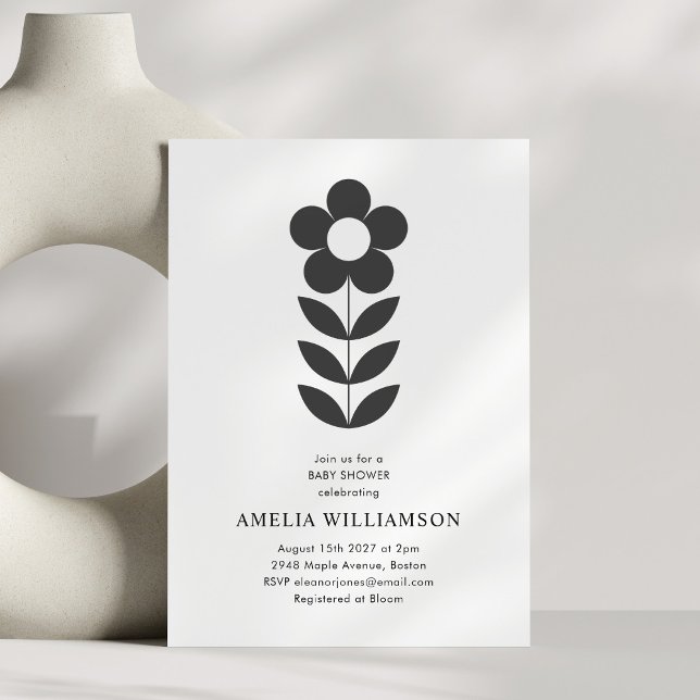 Modern Minimalist Black White Floral Baby Shower Invitation (Creator Uploaded)