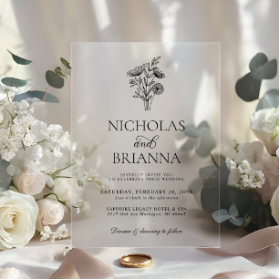 Modern Minimalist Black White Floral Wedding Acrylic Invitations