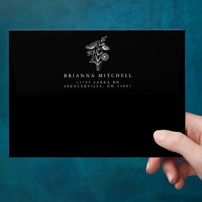 Modern Minimalist Black White Floral Wedding Envelope (Creator Uploaded)