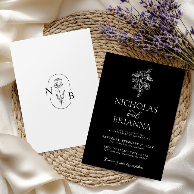 Modern Minimalist Black White Floral Wedding Invitation (Creator Uploaded)