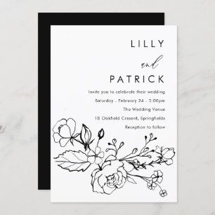 Modern Minimalist Black & White Floral Wedding Invitation
