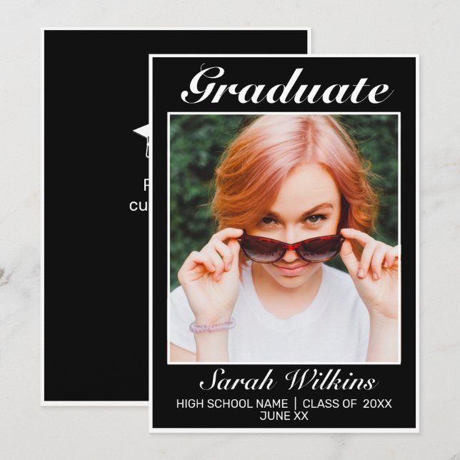 Modern Minimalist Black White Graduation Announcement (Front/Back)