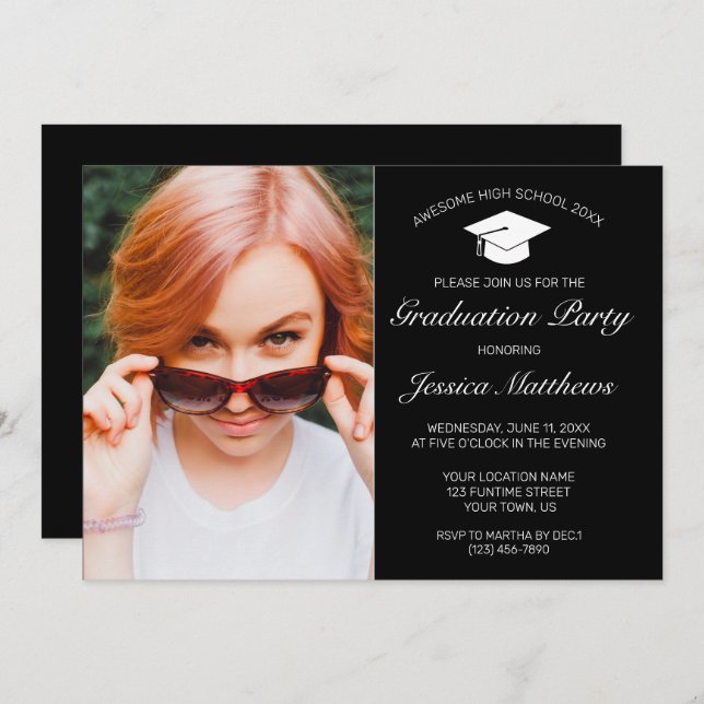 Modern Minimalist Black White Graduation Photo Invitation (Front/Back)