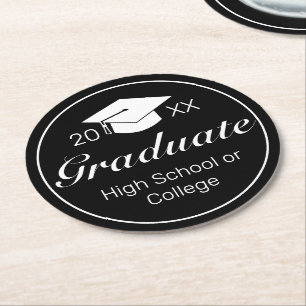 Modern Minimalist Black White Graduation Round Paper Coaster