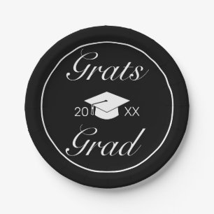 Modern Minimalist Black White Grats Graduation Paper Plate