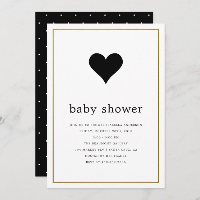 Modern Minimalist Black & White Heart Baby Shower Invitation (Front/Back)