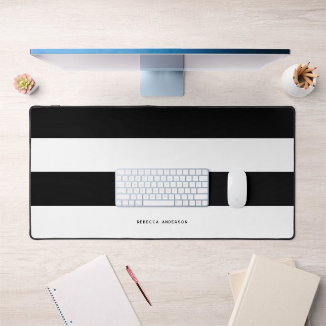 Modern Minimalist Black & White Horizontal Stripe  Desk Mat (Office 1)