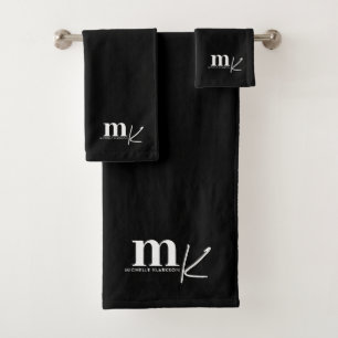 Modern Minimalist Black White Monogram  Bath Towel Set