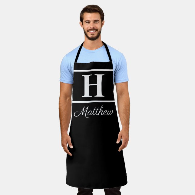 Modern Minimalist Black White Monogram Monogrammed Apron (Worn)
