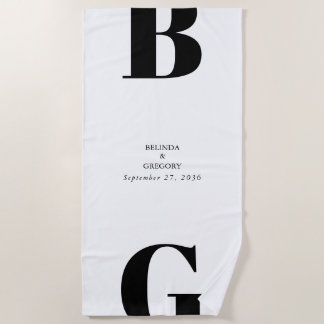 Modern Minimalist Black & White Monogram Wedding Beach Towel