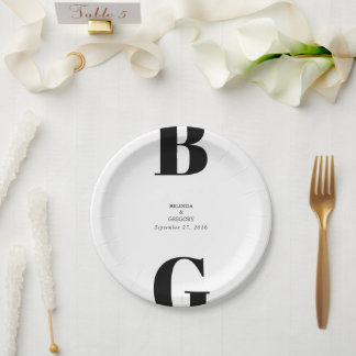 Modern Minimalist Black & White Monogram Wedding Paper Plate
