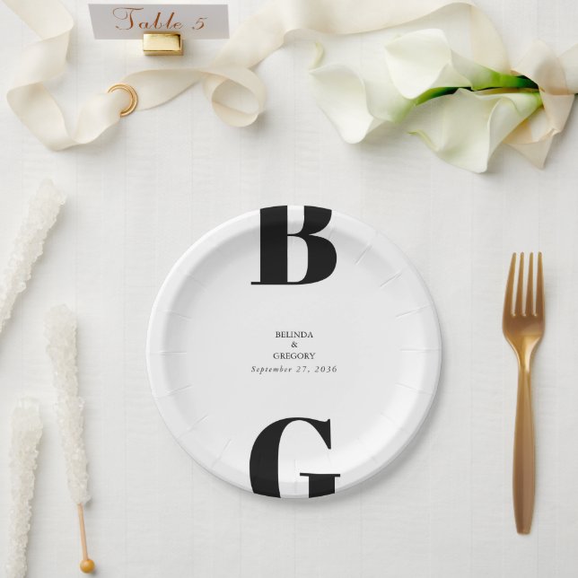 Modern Minimalist Black & White Monogram Wedding Paper Plate (Wedding)