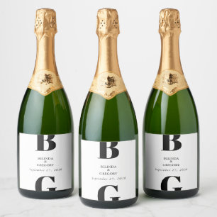 Modern Minimalist Black & White Monogram Wedding  Sparkling Wine Label