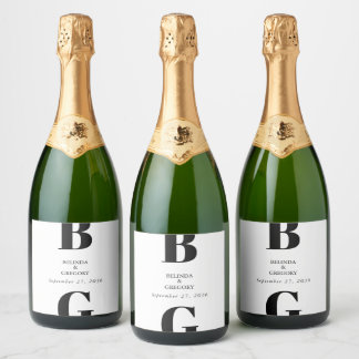 Modern Minimalist Black & White Monogram Wedding Sparkling Wine Label