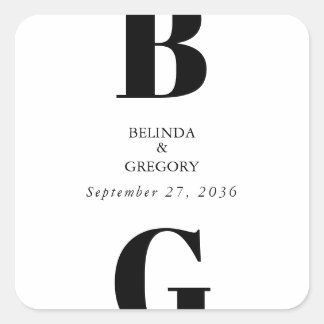 Modern Minimalist Black & White Monogram Wedding Square Sticker