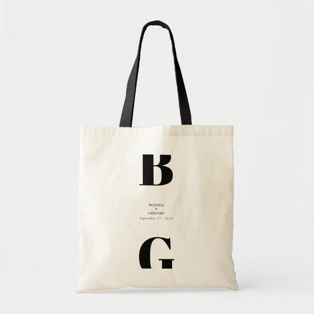 Modern Minimalist Black & White Monogram Wedding Tote Bag (Front)
