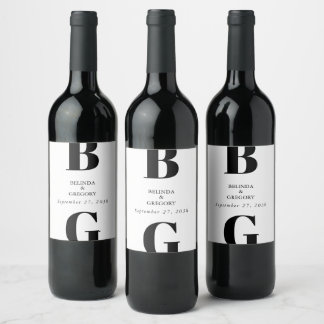 Modern Minimalist Black & White Monogram Wedding Wine Label