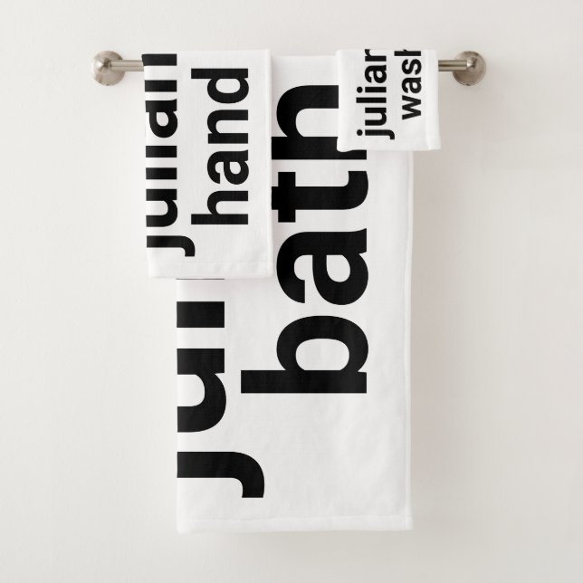 Modern Minimalist Black White Name and Label Bath Towel Set (Insitu)