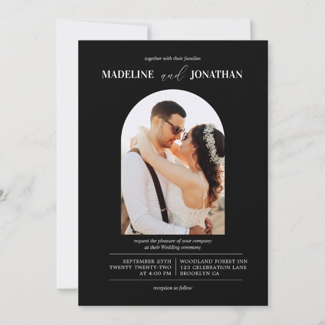 Modern Minimalist Black White Photo Arch Wedding Invitation (Front)