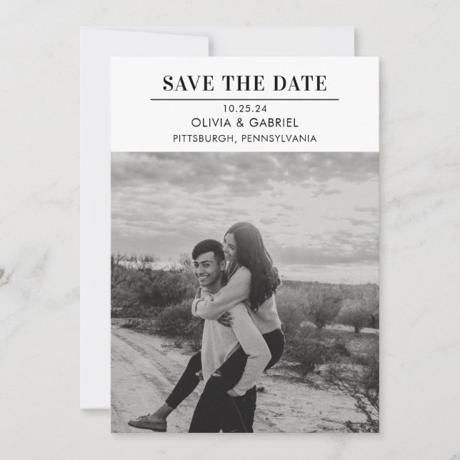 Modern Minimalist Black White Photo Save the Date  (Front)