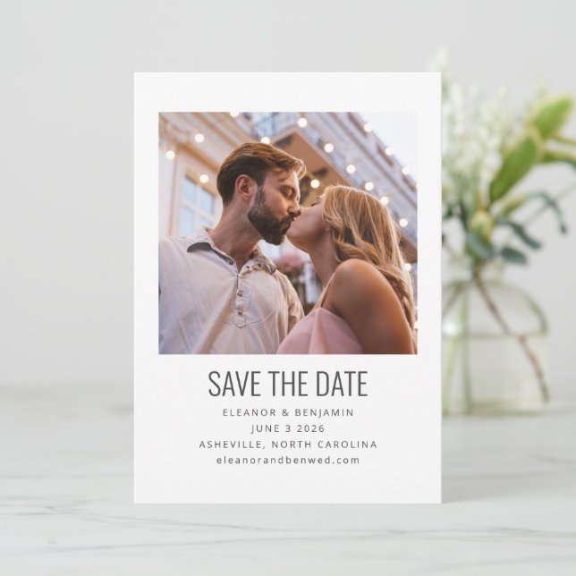 Modern Minimalist Black White Photo Wedding Save The Date (Standing Front)