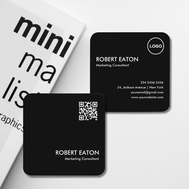 Modern Minimalist Black & White QR Code  Square Business Card (Modern Minimalist Black & White QR Code Square Business Card)