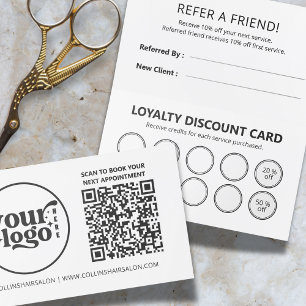 Modern Minimalist Black White Refer QR Code Salon  Loyalty Card