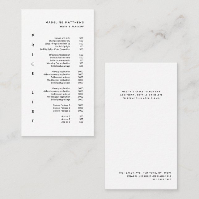 Modern Minimalist Black White Salon Price List Spa Business Card (Front/Back)