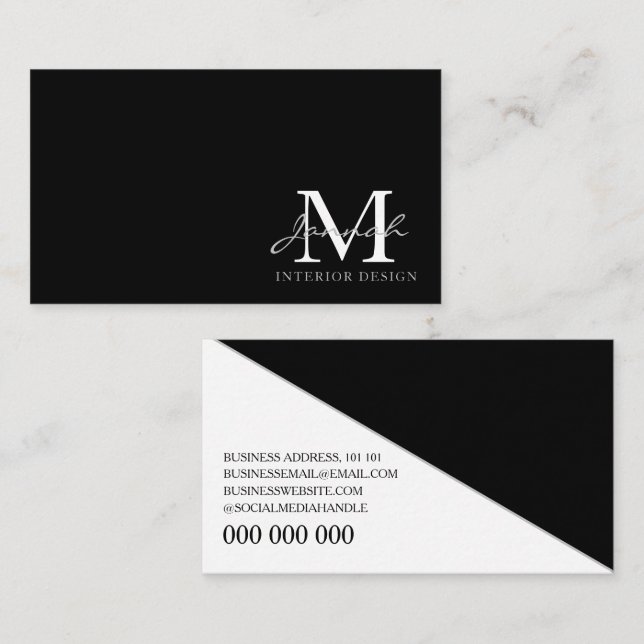 Modern Minimalist Black White Script Monogram Business Card (Front/Back)