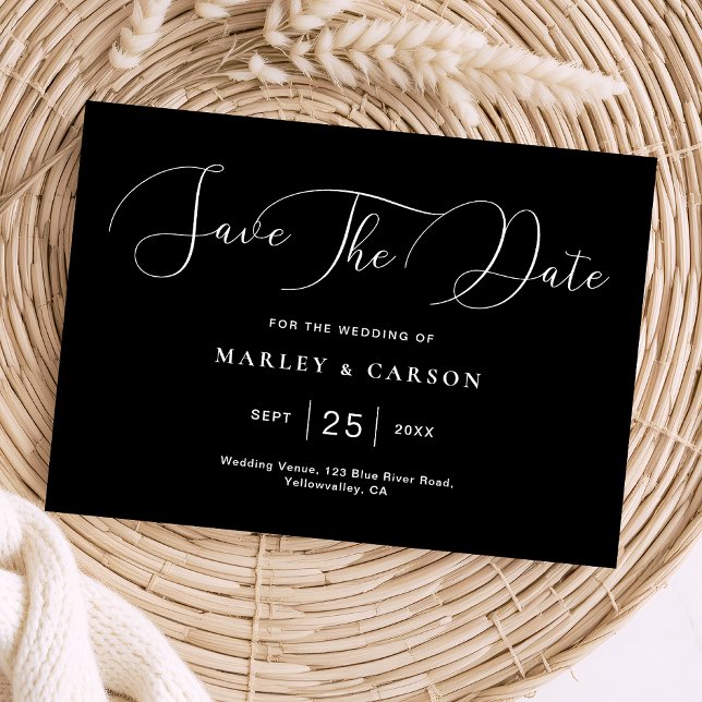 Modern Minimalist Black White Script Wedding Save The Date (Creator Uploaded)