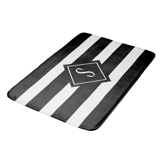 Modern Minimalist Black White Stripes Monogram Bath Mat (Angled)