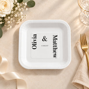 Modern Minimalist Black White Typography Wedding Paper Plate
