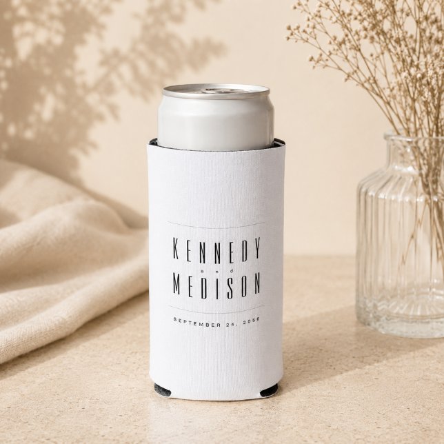 Modern Minimalist Black & White Wedding Can Cooler (Creator Uploaded)