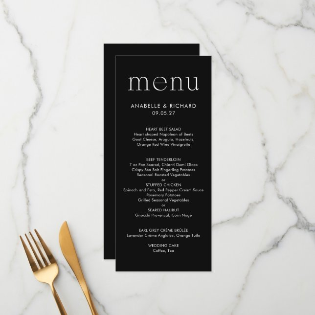Modern Minimalist Black White Wedding Menu (Front/Back In Situ)