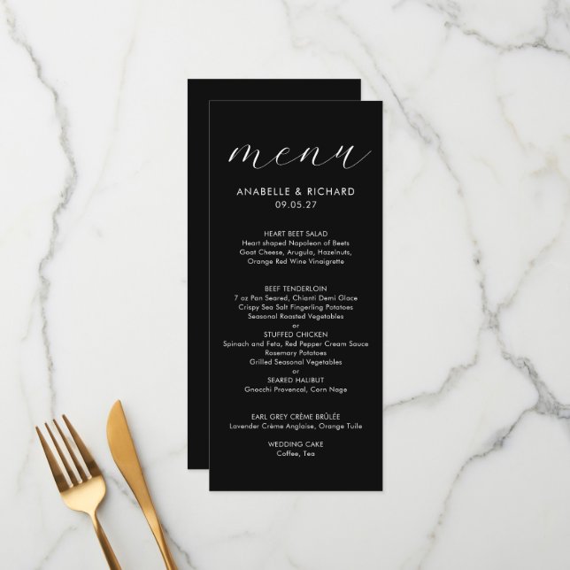Modern Minimalist Black White Wedding Menu (Front/Back In Situ)
