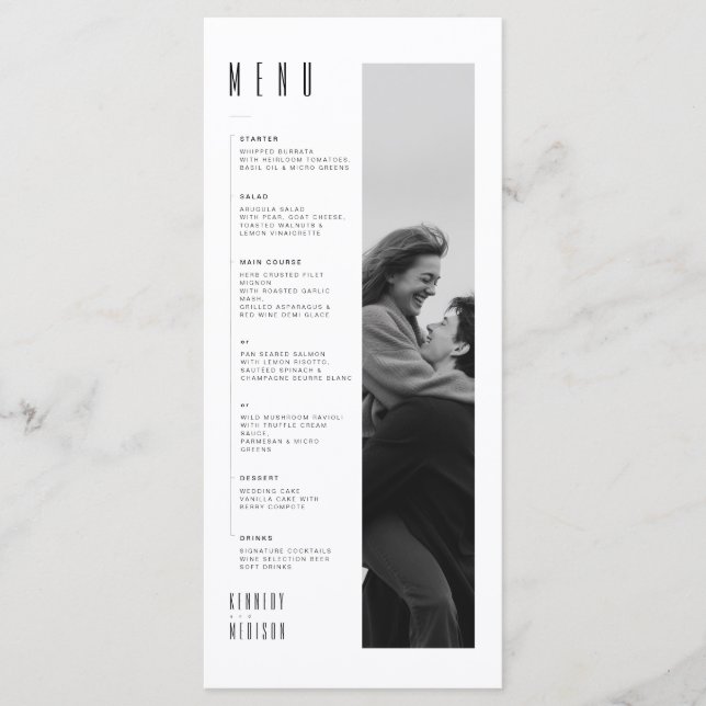 Modern Minimalist Black & White Wedding Menu Card (Front)