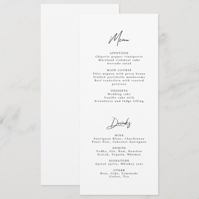 Modern Minimalist Black & White Wedding Menu  Invitation (Front/Back)