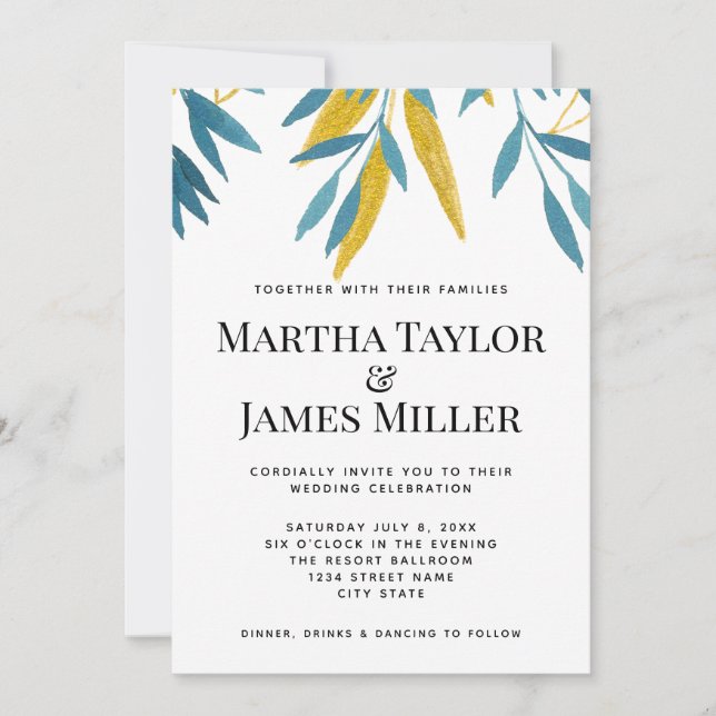 Modern Minimalist Blue Botanical Wedding Invitation (Front)
