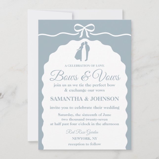 Modern Minimalist Blue Bows & Ribbons Wedding Invitation (Front)
