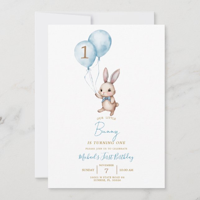 Modern Minimalist Blue Bunny Easter Birthday Party Invitation (Front)