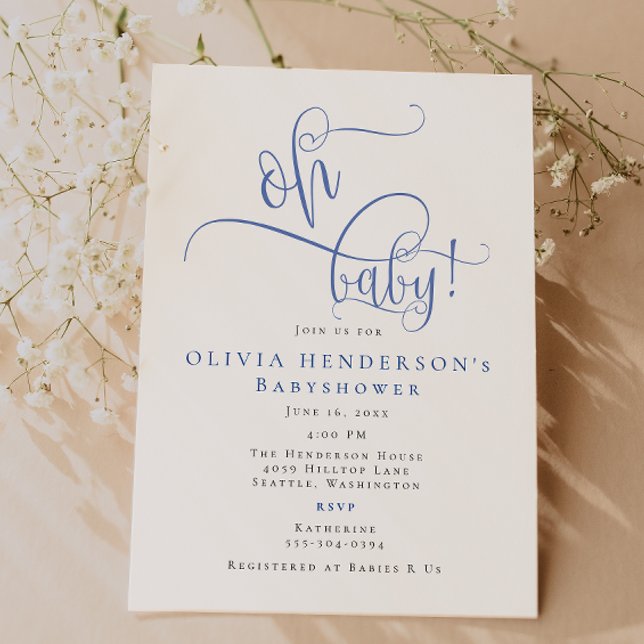 Modern Minimalist Blue Calligraphy Baby Shower Invitation (Creator Uploaded)