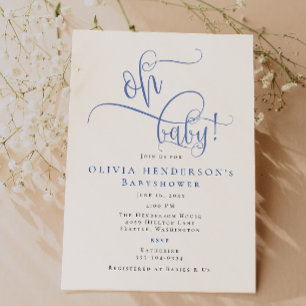 Modern Minimalist Blue Calligraphy Baby Shower Invitation