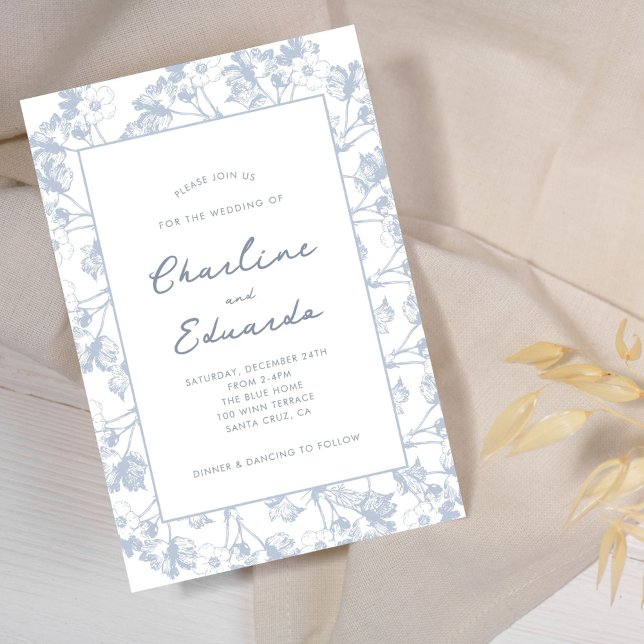 Modern Minimalist Blue Floral Wedding Invitation (Creator Uploaded)