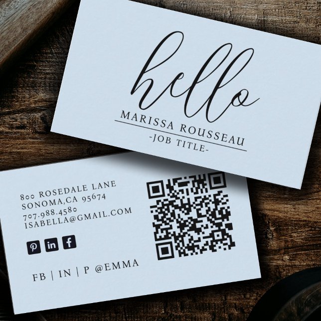 Modern Minimalist Blue Hello QR Code Business Card (Creator Uploaded)