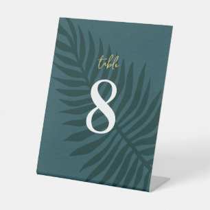 Modern Minimalist Blue Leaf Wedding Table Number Pedestal Sign
