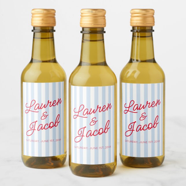 Modern Minimalist Blue Stripes Red Wedding Mini Wine Label (Bottles)