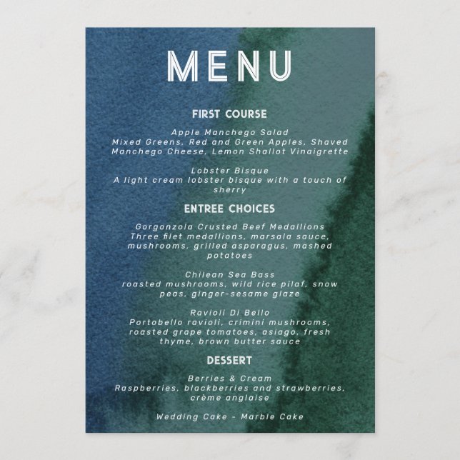 Modern Minimalist Blue Teal Menu (Front)