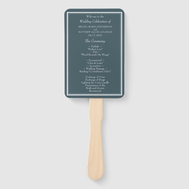 Modern Minimalist Blue Wedding Program Hand Fan (Front)